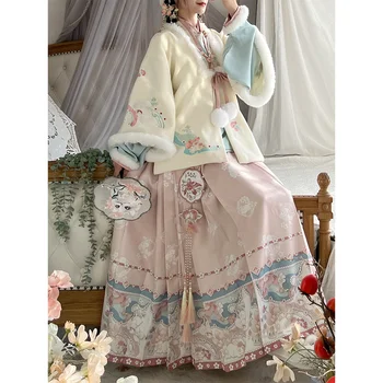 Комплект одежды в стиле кролика Династии Мин Ханфу, Бежевое бархатное пальто, Синяя рубашка с перекрестным воротником, Розовая юбка с лошадиным лицом, Зимняя женская одежда