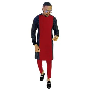 Топы в стиле пэчворк, Мужской комплект, Рубашки с длинными рукавами в полоску, однотонные красные Брюки с нашивками, мужские костюмы для жениха в нигерийском стиле, Наряды в Анкаре