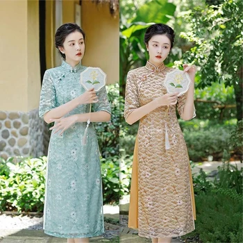 Современное Новое Композитное Кружевное платье Ao Dai Cheongsam, Улучшенное Весной 2023 Года, Тонкое китайское платье Qipao в стиле ретро в Литературном стиле для женщин