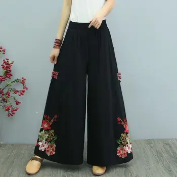 2023 весенние новые винтажные женские длинные брюки из хлопка и льна в этническом стиле с вышивкой в этническом стиле, ретро, широкие брюки с эластичной талией, g735