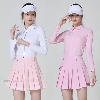 Azureway, Корейская Элегантная одежда, Женские спортивные топы, рубашка для гольфа на молнии, комплекты для гольфа для девочек, Плиссированная юбка с внутренними шортами