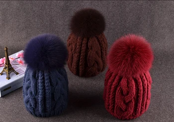 BomHCS, милая женская шапочка, Роскошный меховой шар для волос, Осень-зима, удобная теплая 100% вязаная шапка ручной работы