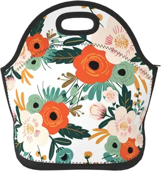 Неопреновая сумка для ланча с оранжевыми цветами, изолированный ланч-бокс для женщин, Многоразовые сумки-тоут с застежкой-молнией для работы, школьного пикника
